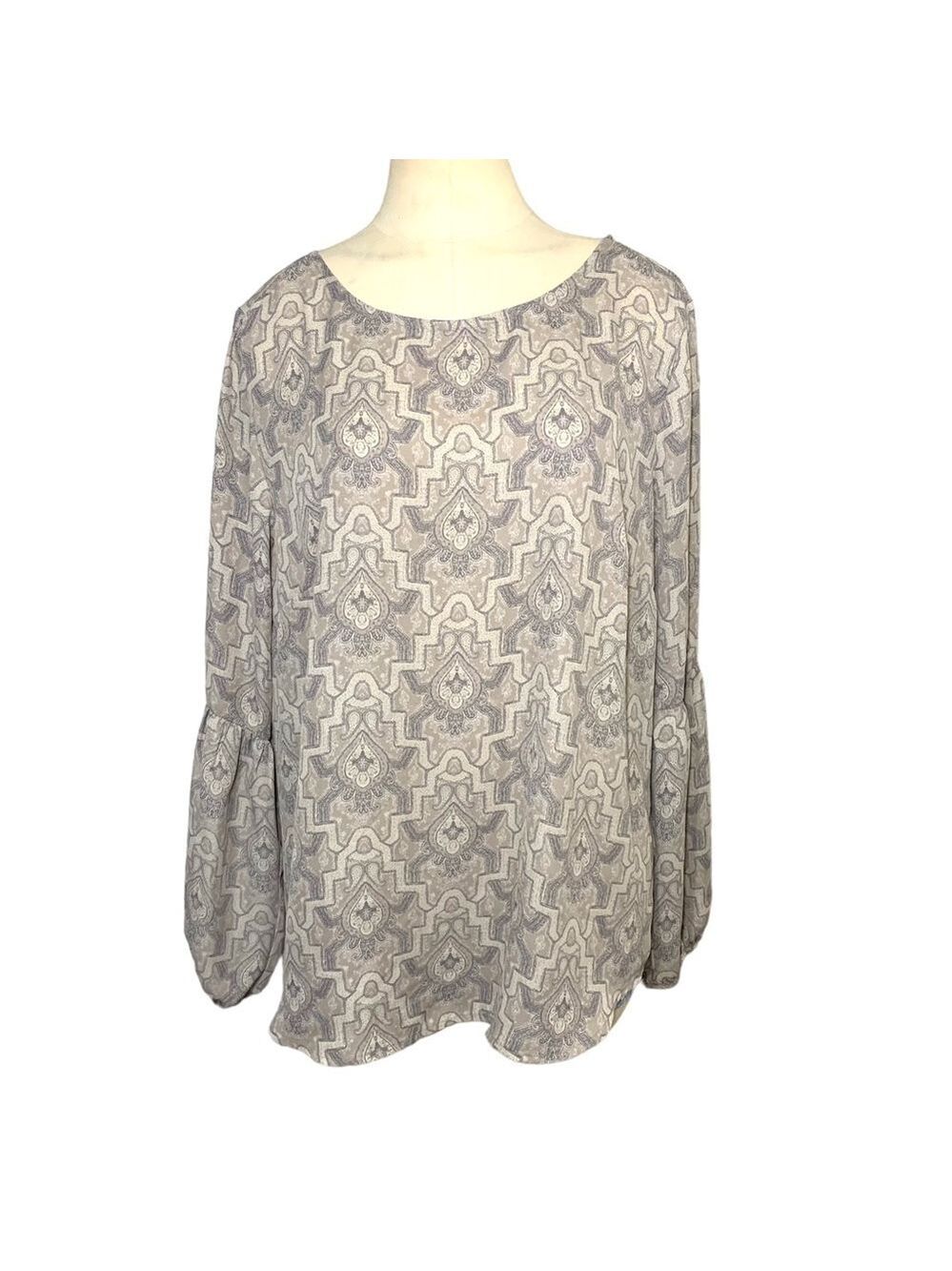 Violet + Claire Tan Crepe Blouse Paisley Print Long Sleeves Key Hole Top Sz L